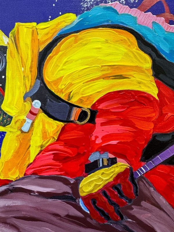 Extreme Skiers: Descent of Faith Limited Edition by Steve Tracy at Art Leaders Gallery. Hand-Embellished giclee on canvas of a skier in action. Skier in a yellow and red coat mid-flight in a jump with a background of snowy mountains.