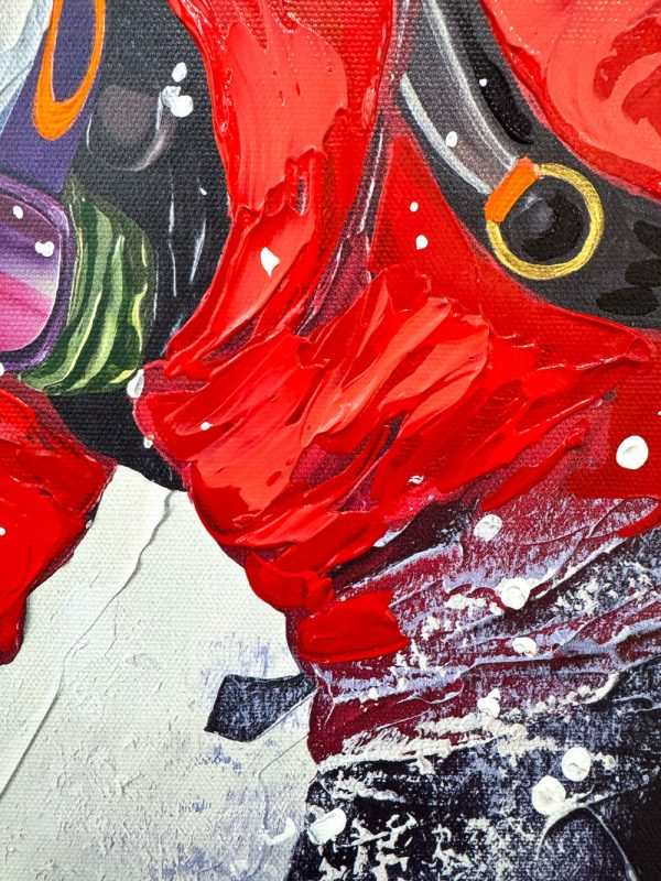 Extreme Skiers: Devouring Altitude Limited Edition by Steve Tracy at Art Leaders Gallery. Hand-Embellished giclee on canvas of a skier in action. Skiier in a red coat speeding down a steep mountainside.
