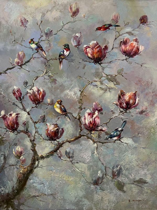 Morning Song II by L. Redman is a beautiful contemporary painting of a Springtime tree branch filled with colorful songbirds.