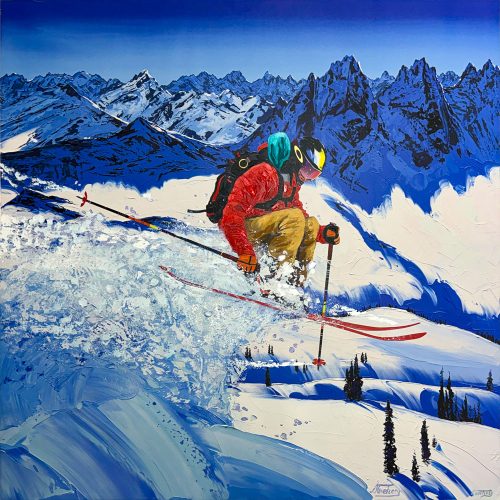 Extreme Skiers: Mountian of Fun Limited Edition by Steve Tracy at Art Leaders Gallery. Hand-Embellished giclee on canvas of a skier in action. Skiier in a red coat speeding down a mountainside.