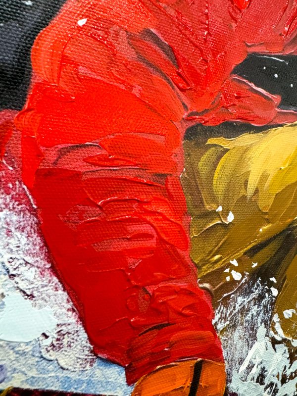 Extreme Skiers: Mountian of Fun Limited Edition by Steve Tracy at Art Leaders Gallery. Hand-Embellished giclee on canvas of a skier in action. Skiier in a red coat speeding down a mountainside.