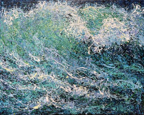 Pollock Wave by P. Lind at Art Leaders Gallery. Textured abstract acrylic painting of blue and green hues done in a style similar to Jackson Pollock.