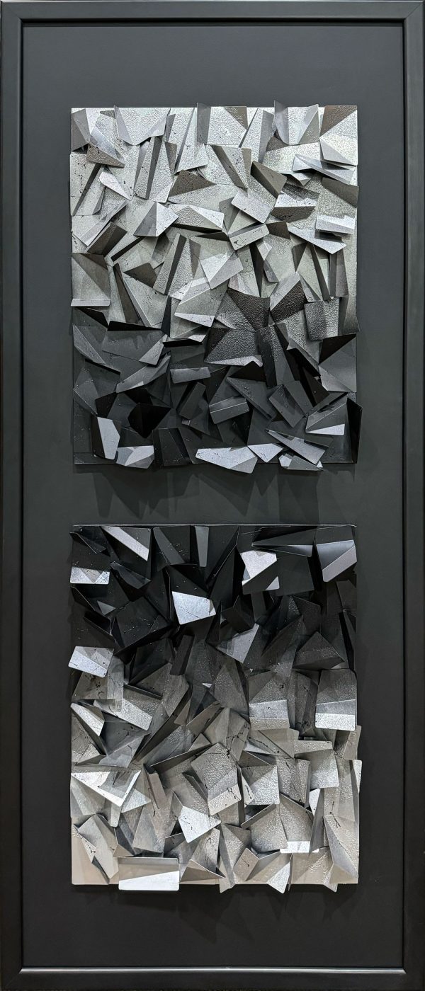 Silver Trance by Dane Porter at Art Leaders Gallery. Abstract metal sculpture vertical diptych with a black frame. Silver to Black gradient.