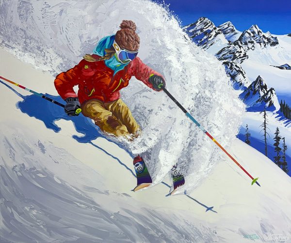 Extreme Skiers: Snow Angel Limited Edition by Steve Tracy at Art Leaders Gallery. Hand-Embellished giclee on canvas of a skier in action. Female Skiier in a red coat speeding down a steep mountainside.