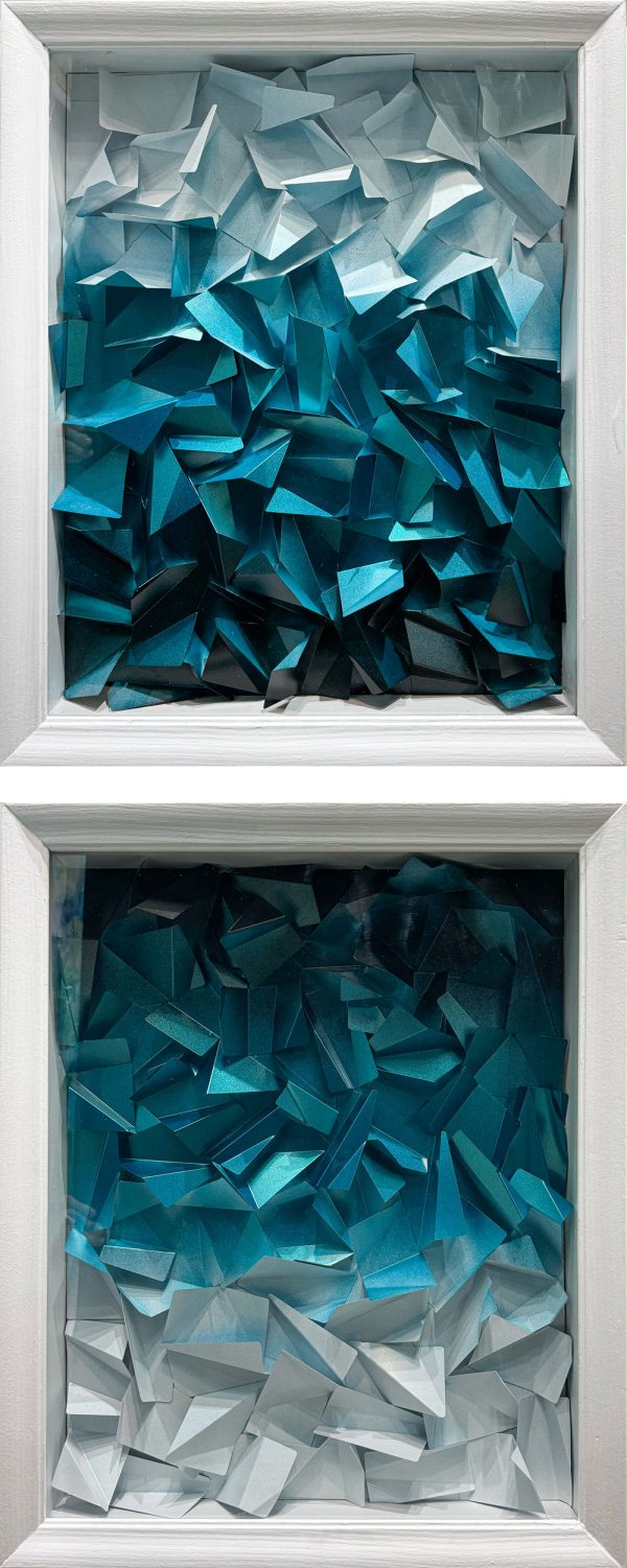 Trance by Dane Porter at Art Leaders Gallery. Abstract metal sculpture vertical diptych with a white frame. Icy Blue gradient.