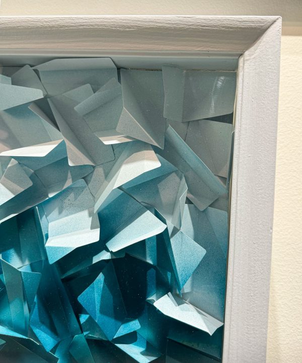 Trance by Dane Porter at Art Leaders Gallery. Abstract metal sculpture vertical diptych with a white frame. Icy Blue gradient.