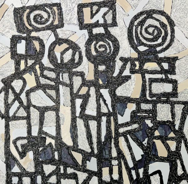 Personification by Rodney Denne at Art Leaders Gallery is an abstract oil painting on canvas. Made with thick oil stick atop an abstract white and cream background. Abstract figures made from geometric shapes