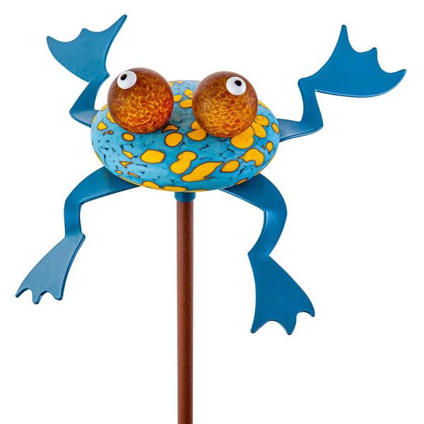 Borowski Hopkins Outdoor Sculpture 24-31-83 at Art Leaders Gallery. Blue glass frog on a steel stick.