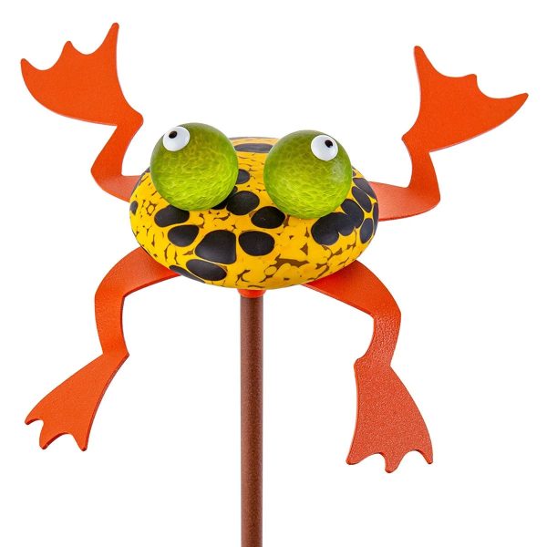Borowski Hopkins Outdoor Sculpture 24-31-84 at Art Leaders Gallery. orange glass frog on a steel stick.
