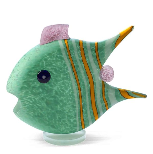 New Angelfish (Medium) by Borowski Glass Studio at Art Leaders Gallery. glass fish sculpture with mint green body, purple dorsal fin, and yellow/white striped tail.