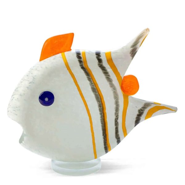 New Angelfish (Medium) by Borowski Glass Studio at Art Leaders Gallery. glass fish sculpture with white body, orange dorsal fin, and yellow/black striped tail.