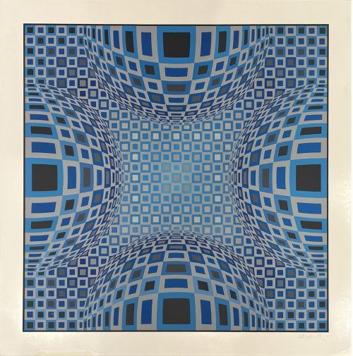 Enigma - Victor Vasarely serigraph at Art Leaders Gallery. Blue sphere optical illusion silk screen on paper.