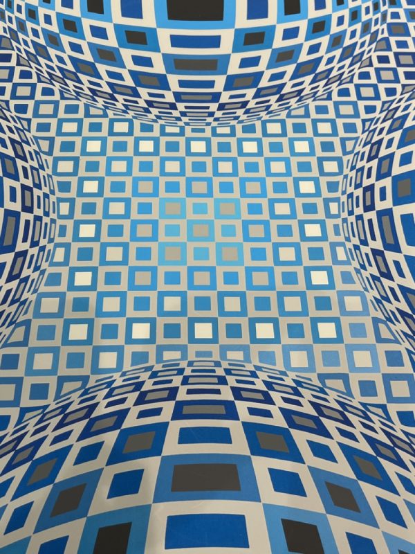Enigma - Victor Vasarely serigraph at Art Leaders Gallery. Blue sphere optical illusion silk screen on paper.