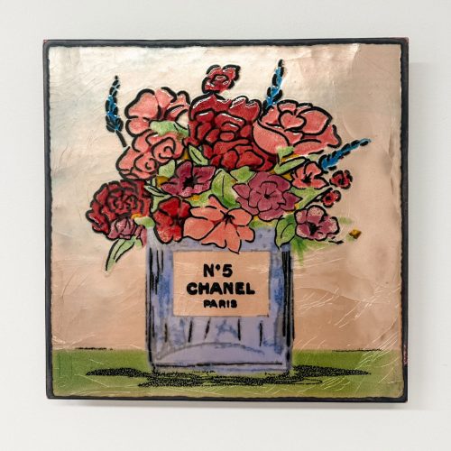 Love Affair - Houston Llew limited. Copper enamel panel of illustrated flowers over a purple Chanel No5 bottle.