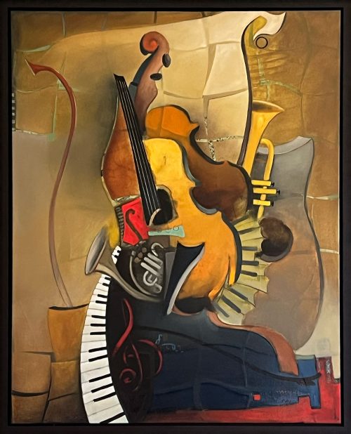 Orchestration by Emanuel Mattini at Art Leaders Gallery. Mixed media original on canvas of abstract musical instruments. Jazz band instruments in a brown floater frame