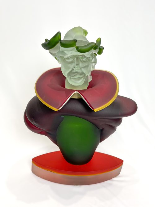 Bronislaw Geifert Knight Glass sculpture at Art Leaders Gallery. Colorful glass bust sculpture of a knightly character.