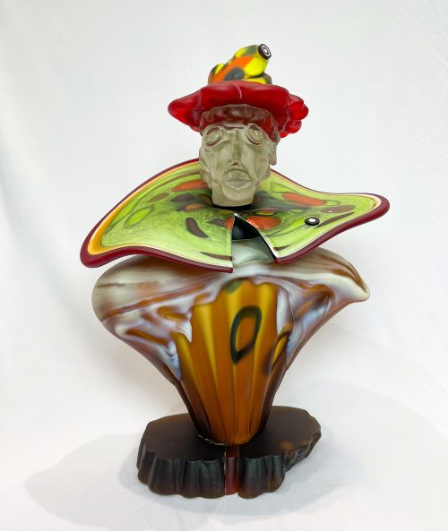 Bronislaw Geifert Prince Glass sculpture at Art Leaders Gallery. Colorful glass bust sculpture of a knightly character.