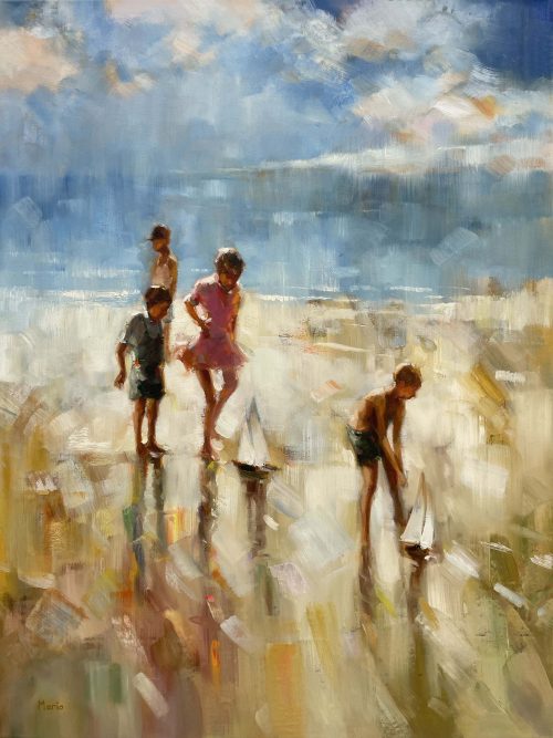 Day at the Beach by Mario at Art Leaders Gallery. children playing on a beach