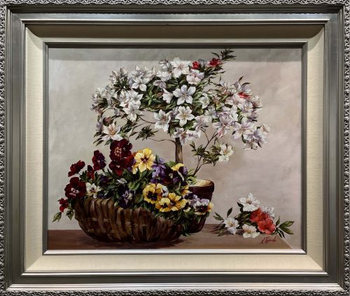 Basket of Pansies by Silvia Tejada. Floral still life in a silver frame.