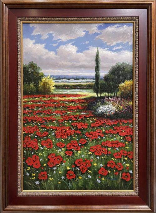 Poppy Fields (Framed) by Kensett at Art Leaders Gallery. meadow of poppies framed in a red and gold frame.