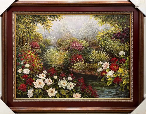 Nature's Canvas II by Evans - Original River Oasis Painting framed with a mahogany and gold frame.