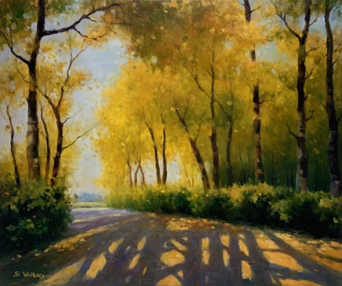 Autumn Delight by S. Walters. A sunset forest scene on canvas.