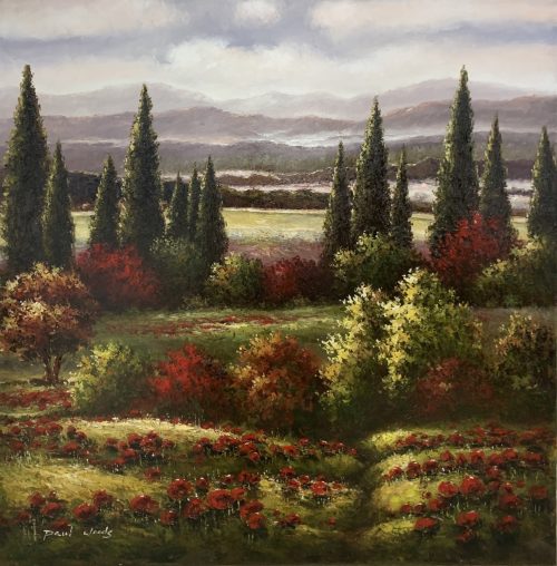 Autumn Splendor by Paul Woods. European landscape with red flowers in a rolling meadow at dusk.