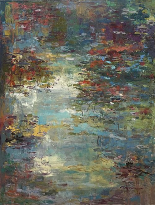 Summer Pond by Jamie Lisa at Art Leaders Gallery. This large original textured painting, signed by artist Jamie Lisa is in the style of Monet. The water lilies float on a vertical composition and create rich colorful reflections in the water. This painting is on stretched canvas.