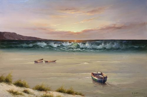 Low Tide by R. Scott. A peaceful original seascape at Low Tide, with rich colors, and soft brush strokes.