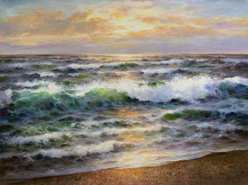 Ocean Waves at Sunset by Guy Choi. A peaceful original seascape at at dusk, with beautiful visual texture. 