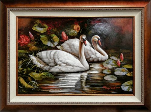 Wings of Love by Roy Dencan Original Framed Oil on Canvas Roy Dencan typically focuses on animals as his subject matter. This painting depicts two swans floating in a pond with flowers and lily pads.