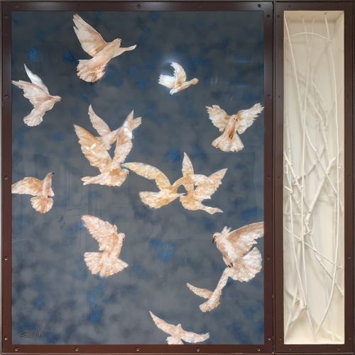 Birds in Flight by Craig Alan at Art Leaders Gallery. Mixed media artwork in steel frame with birds flying.