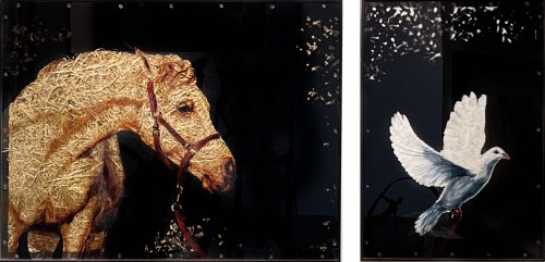 Gentle Lead Diptych by Craig Alan at Art Leaders Gallery. Two panels made with plexiglass, hay, and feathers show a horse on the left being led by a white dove on the right.