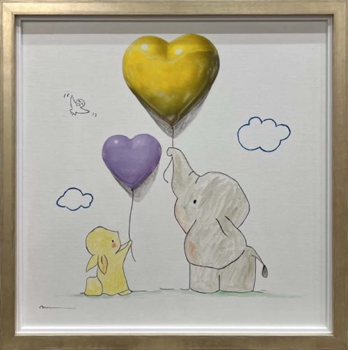 Best Friends by Francisco Bartus at Art Leaders Gallery. Rabbit and Elephant illustrations hold realistic yellow and purple balloons.