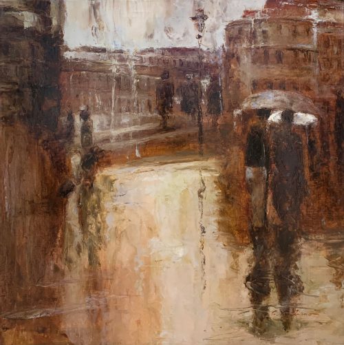 A Day in Rome C Giliano at Art Leaders Gallery. Abstract cityscape on a rainy day with people walking under umbrellas.