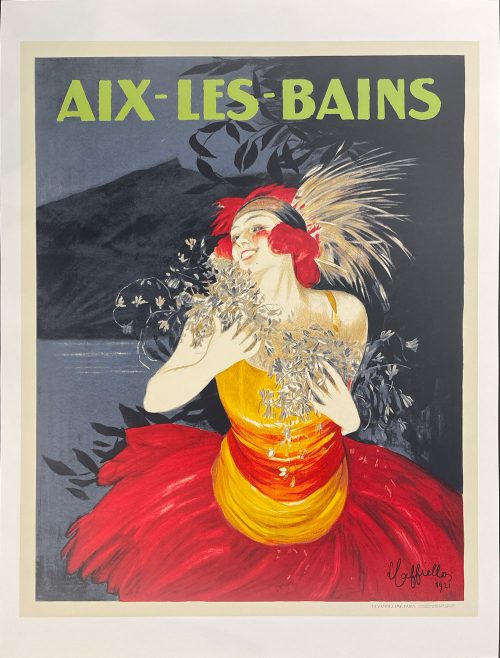 Aix les Bains is an advertisement illustrated by Leonetto Cappiello in 1921 for the southeastern French town of the same name. Also known simply as Aix, this town is known for its thermal spas, Roman ruins, and Gothic architecture. A red-headed woman with feather headdress in a yellow and red dress holding a spray of white and blue flowers.