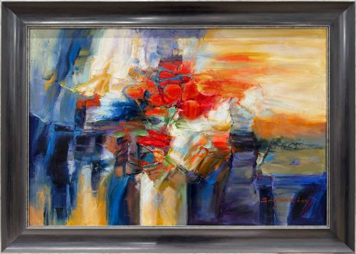 Bright Red Roses by Sung Min Kim at Art Leaders Gallery. Abstract rose still life in a blue-gray custom frame.