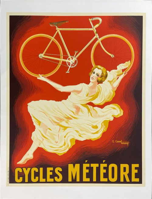 Cycles Météore is a bicycle advertisement created by Edouard Courchinoux. The original image was created for the French company circa 1920. A woman in a white dress flaoting holding a classic bike over her head. Text Reads: Cycles Météore