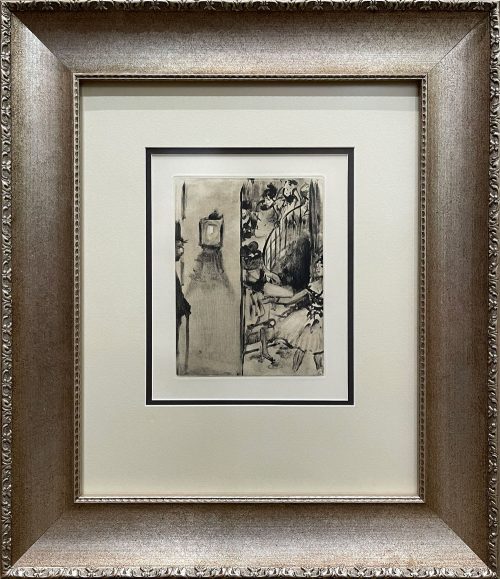 Dancers Leaving the Lodges by Edgar Degas at Art Leaders Gallery. Soft ground etching on BFK rives paper frame din a transitional champagne frame and matted. Ballet dancers decending the stairs.