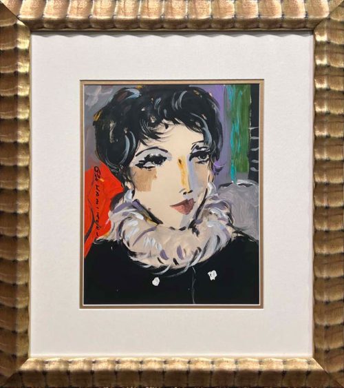 High Society II (Liza Minnelli) by George Hamilton (1934-2019) “I prefer to show the whimsical side of life, with imaginative use of color and design. The bulk of my work consists of elegant, whimsy ladies, cats, and still life paintings.” High Society II features a woman in a mink collar, reminiscent of Liza Minnelli. 