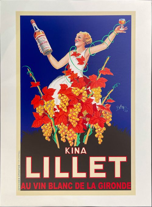 Kina Lillet 1937 Wine Poster by Robys at Art Leaders Gallery. A beautiful woman, dressed in bountiful grapes and bright and festive colors enhance the allure of the liqueur. Vintage poster reproduction.