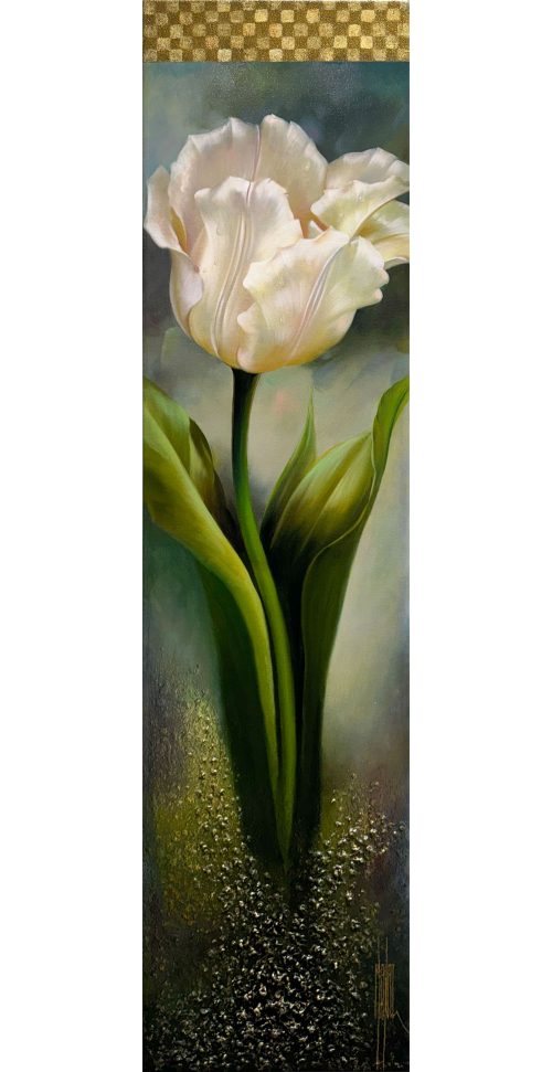 Morning Delight framed by Manaz at Art Leaders Gallery. Embellished white tulip on canvas