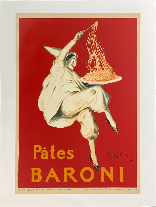 Pâtes Baroni is a pasta advertisement created by Leonetto Cappiello. The original image was created for the French company circa 1921. Features a Perroit clown dancing holding a large plate of pasta.