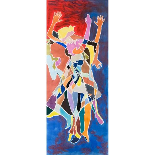 Sacre de Printemps (Rite of Spring) by Arthur Secunda at Art Leaders Gallery. Large silkscreen on paper. Abstract women figures dancing on top of each other amidst a blue and red background.