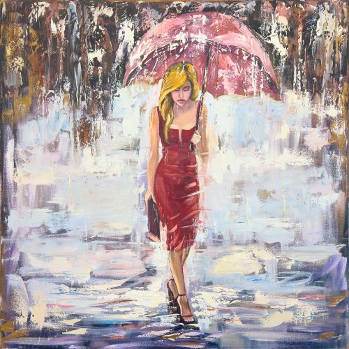 In Konstantin Savchenko's Unfolding Journey, a textured symphony of strokes brings to life a blonde woman, adorned in a red dress, gracefully navigating the rain under her sheltering umbrella. Each brushstroke whispers secrets of resilience and beauty, inviting viewers to join her in the dance of an enigmatic journey. Original oil on canvas