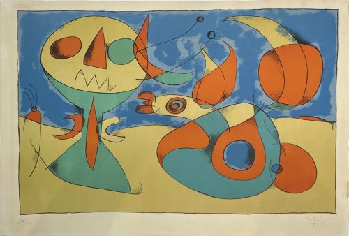 Zephyr Bird by Joan Miró at Art Leaders Gallery. Limited edition colored lithograph. colored abstract on paper.